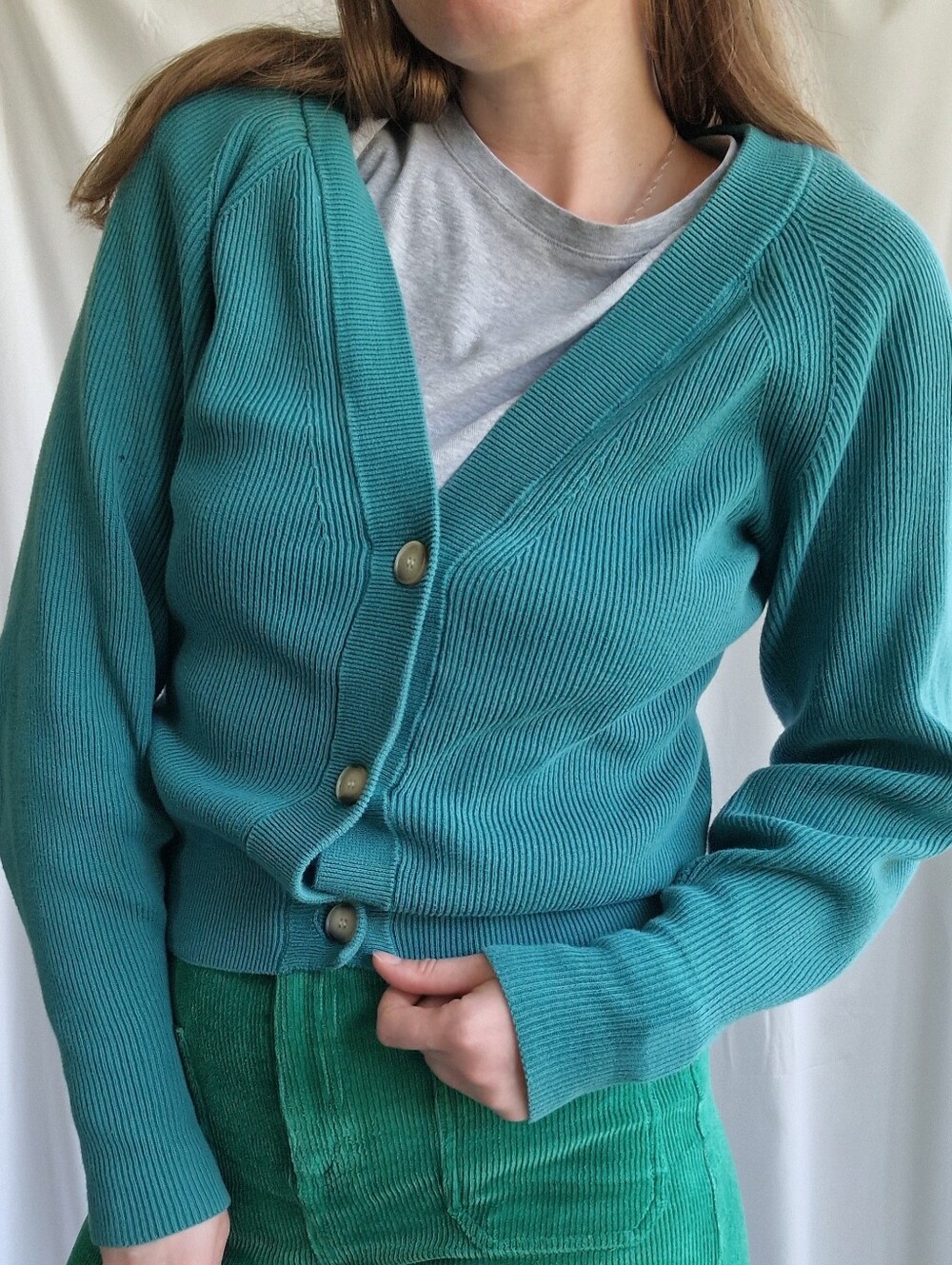 Minimum Teal Ribbed V-Neck Button Cardigan